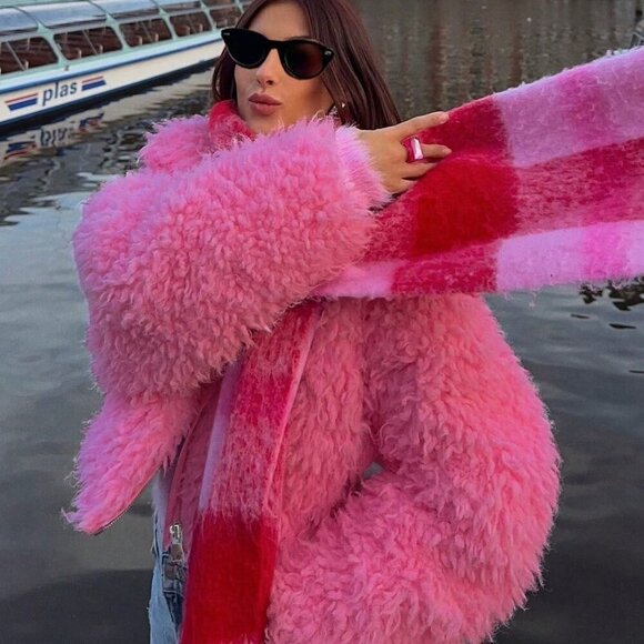 Pink Casual Women's Faux Fur Cropped Jacket - Picture 4 of 5